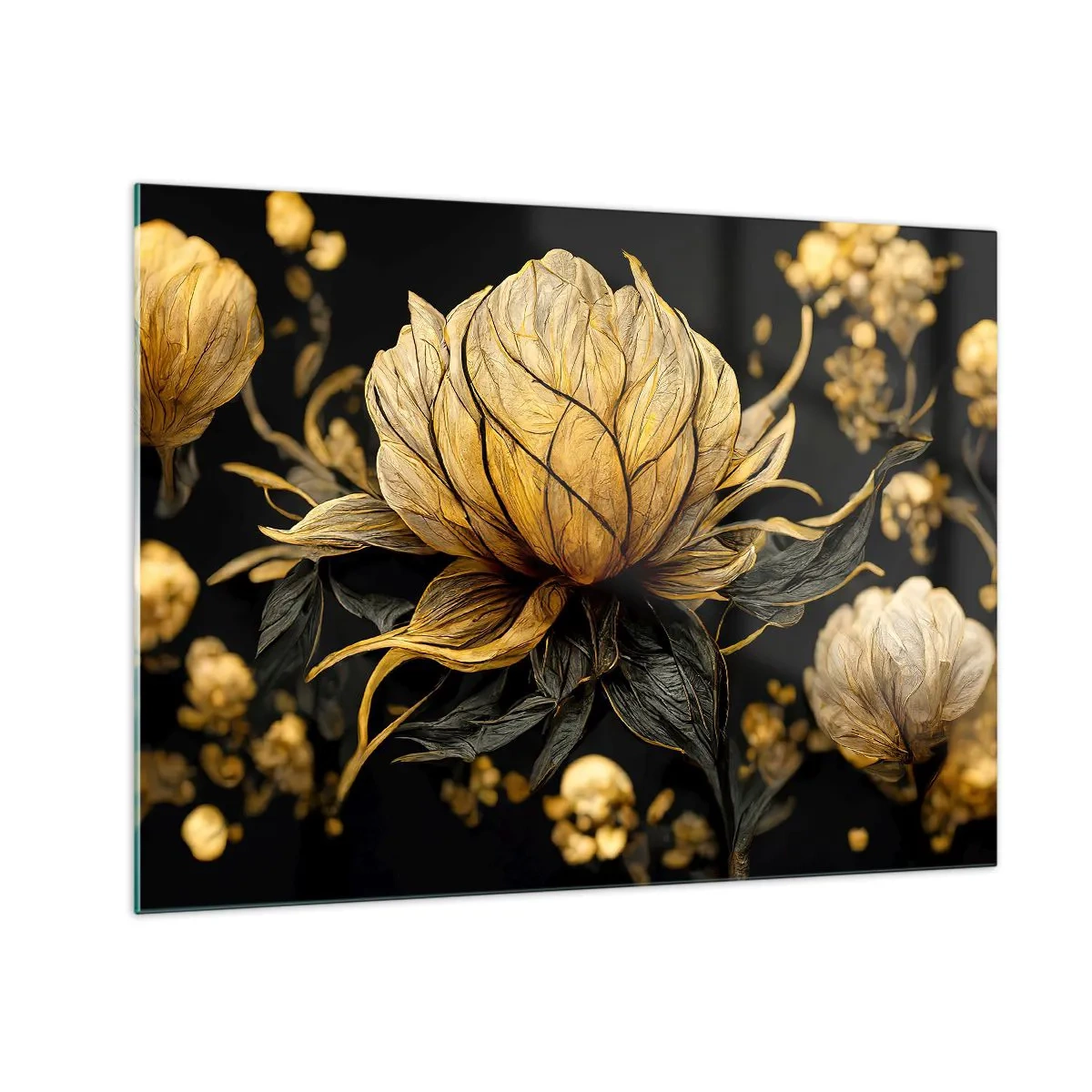 Glastavla - Bild på glas - Gyllene blommor på svart bakgrund i en elegant komposition - 70x50cm - Subtil skörhet - Modern väggdekoration för vardagsrum och sovrum ARTTOR