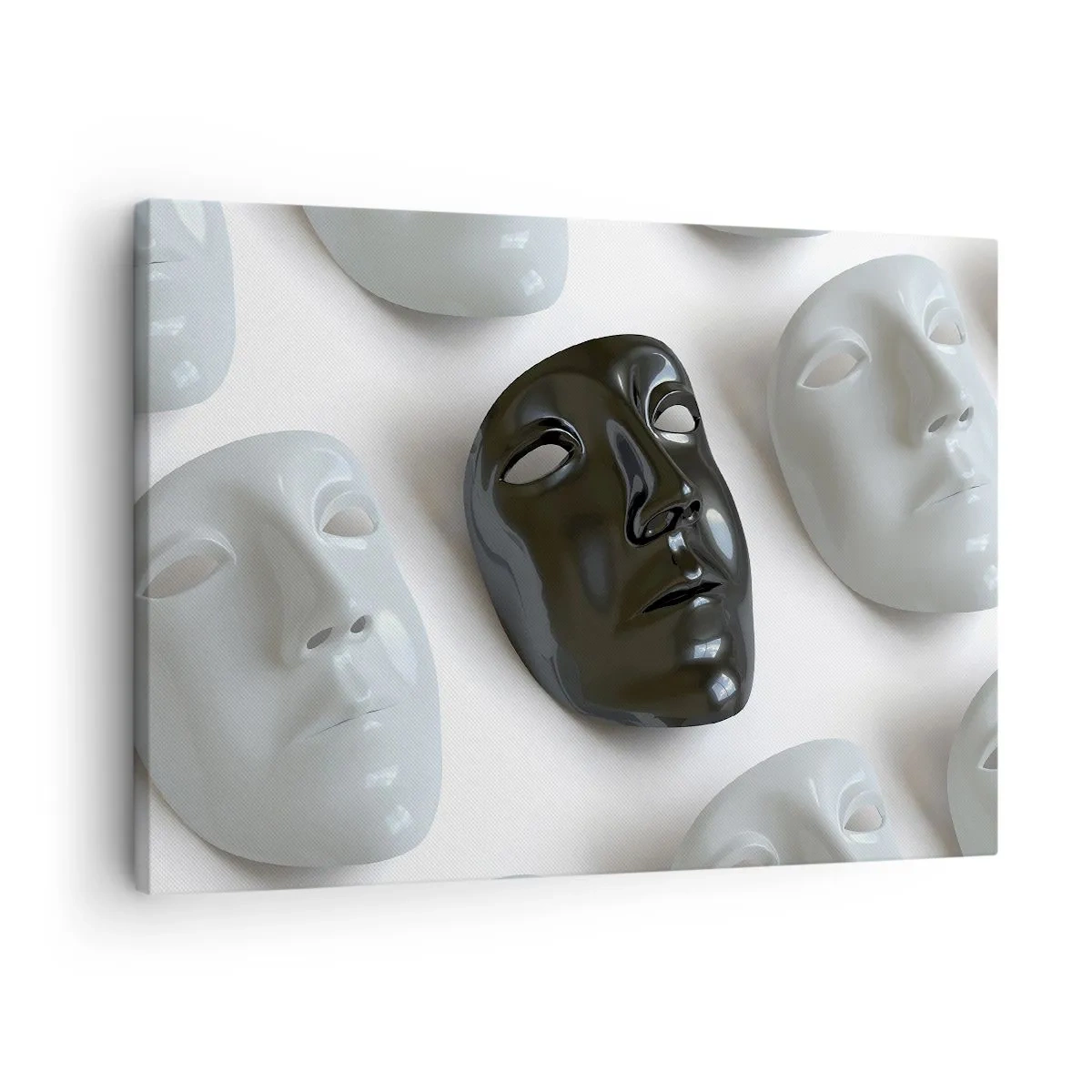 Canvastavla - Bild på duk - Svartvita masker på en ljus bakgrund - 70x50cm - Hur kan man urskilja sig? - Modern väggdekoration för vardagsrum och sovrum ARTTOR