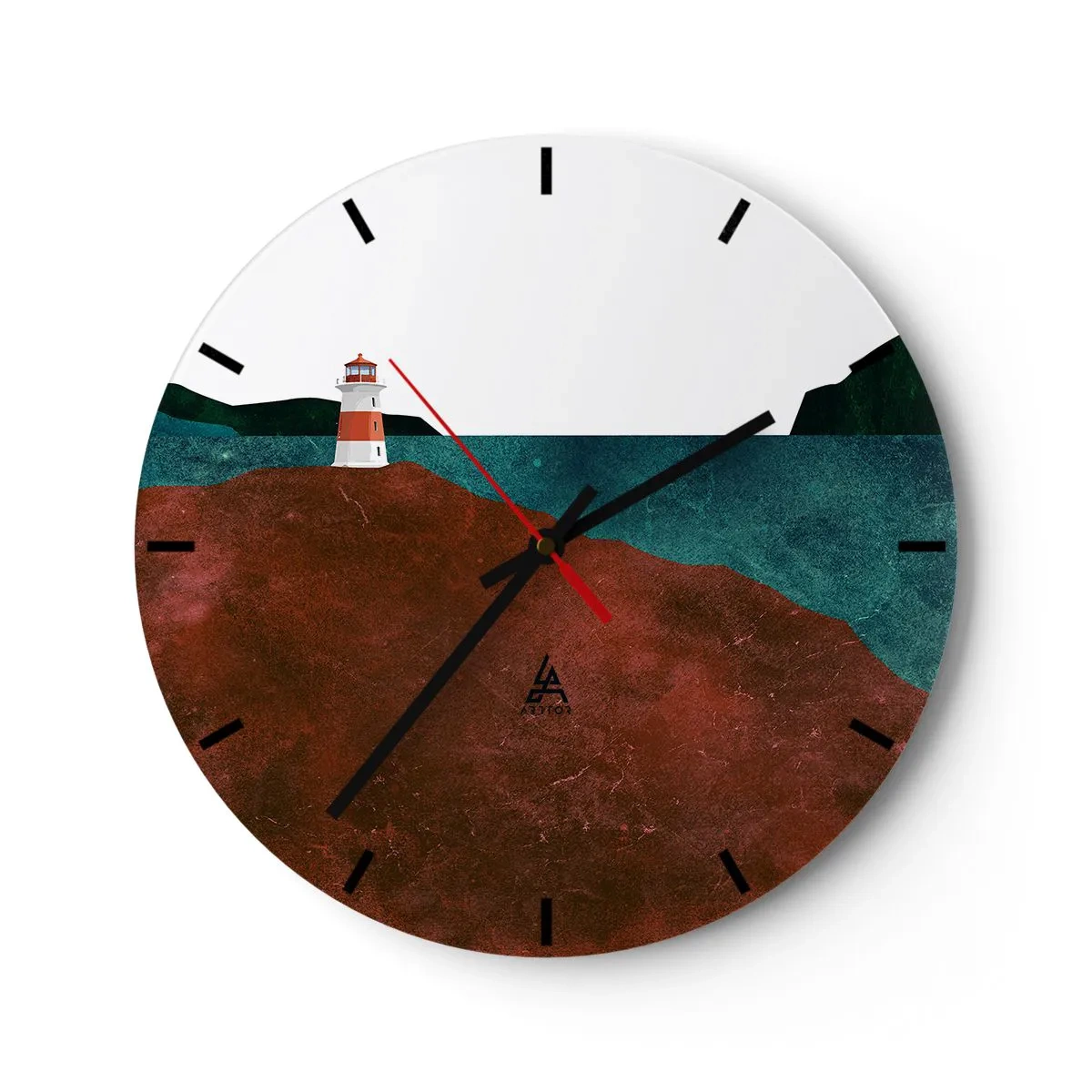 Väggklocka - Klocka på glas - En fyr på en kulle vid en lugn kust - 30x30cm - Med blicken riktad mot havet - Modern väggdekoration för vardagsrum, kök och sovrum ARTTOR