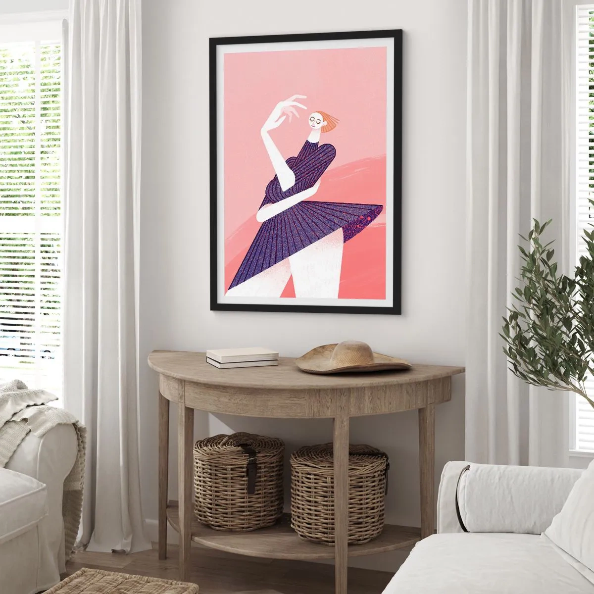 Affisch i svart ram - Abstrakt kvinnlig siluett i en dynamisk pose - 50x70cm - Med dansande steg - Modern väggdekoration för vardagsrum och sovrum ARTTOR