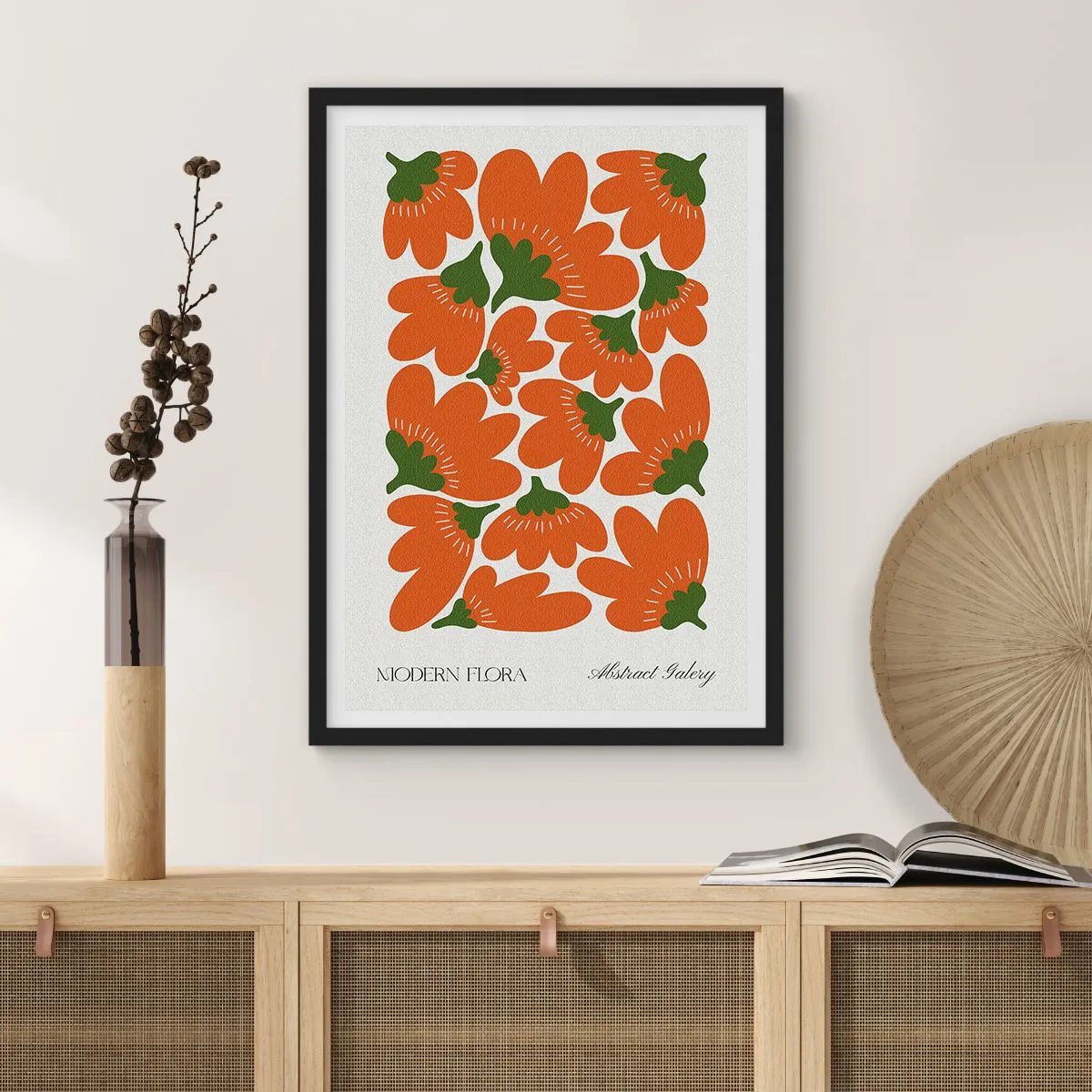Affisch i svart ram - Abstrakta orange blommor på en ljus bakgrund - 50x70cm - Ur blommornas liv - Modern väggdekoration för vardagsrum och sovrum ARTTOR