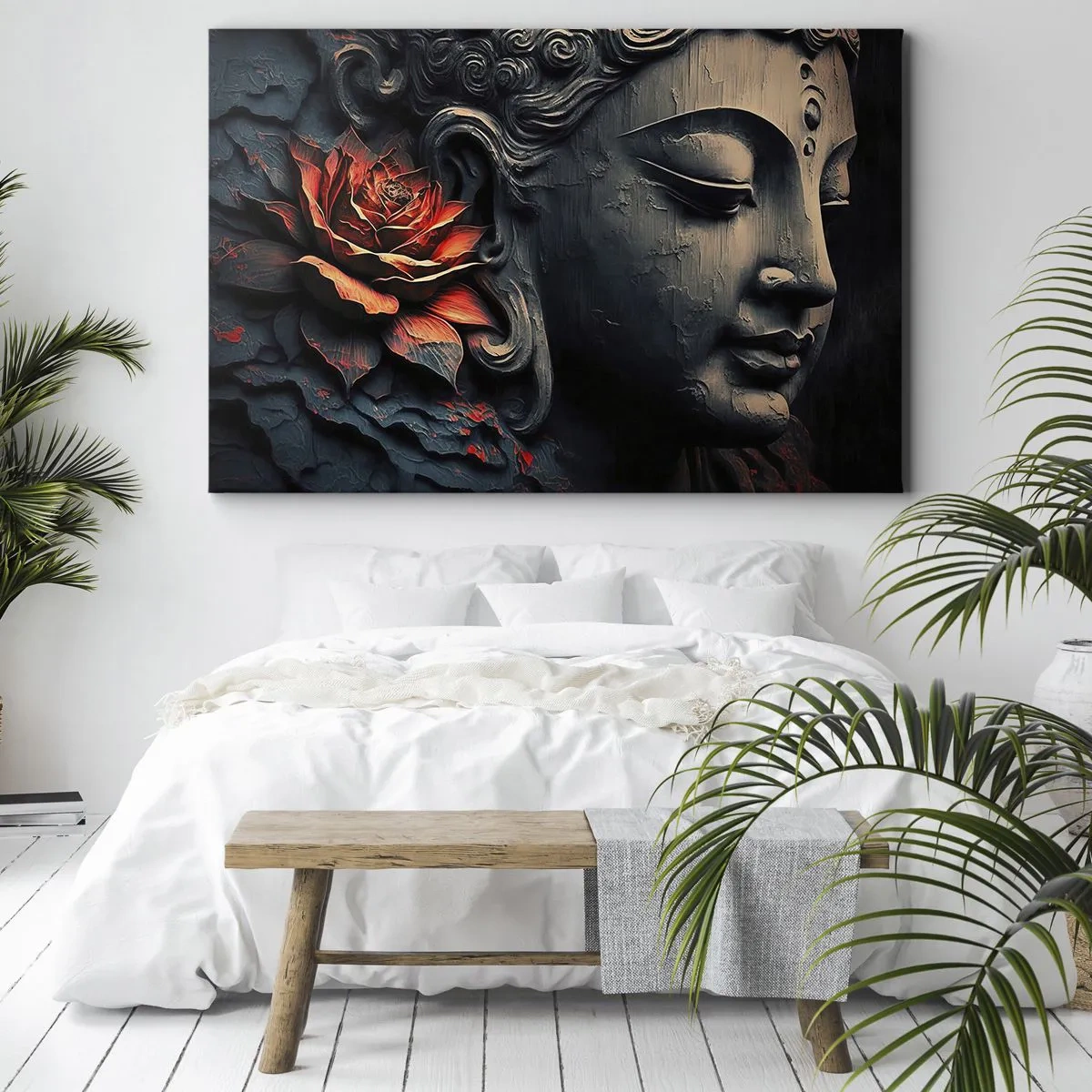 Canvastavla - Bild på duk - Buddhaskulptur med en röd lotusblomma - 70x50cm - I samklang med världen - Modern väggdekoration för vardagsrum och sovrum ARTTOR