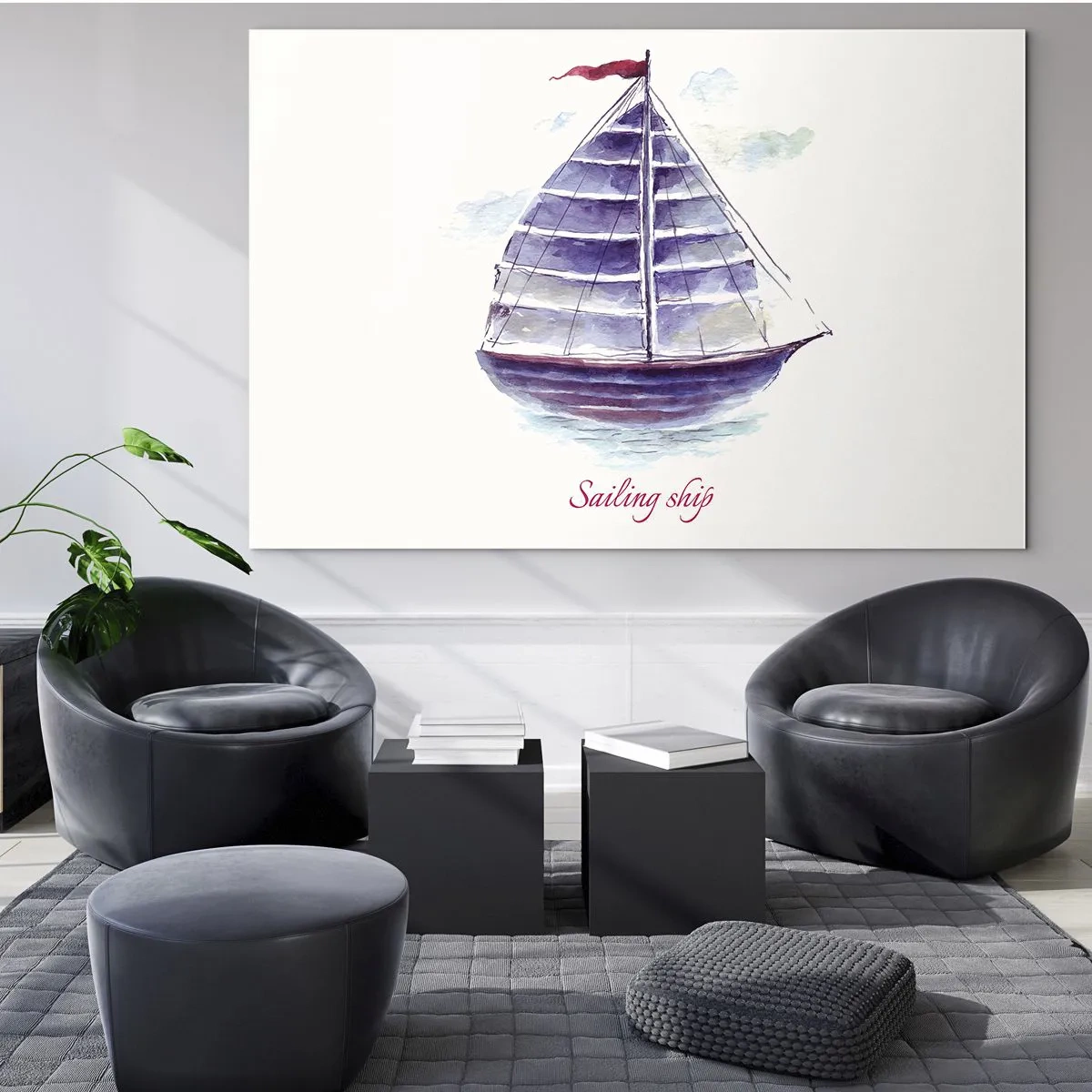 Glastavla - Bild på glas - Akvarell segelfartyg med inskriptionen Segelfartyg - 70x50cm - Fulla seglar och lugnt vatten - Modern väggdekoration för vardagsrum och sovrum ARTTOR