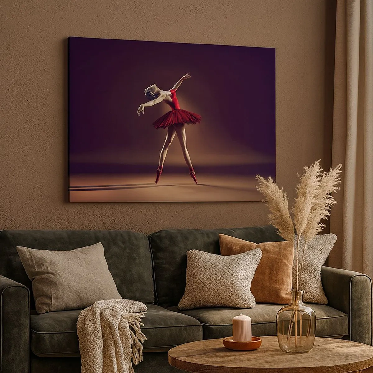Canvastavla - Bild på duk - En balettdansös i en röd klänning mot bakgrund av en scen - 70x50cm - Prima ballerina - Modern väggdekoration för vardagsrum och sovrum ARTTOR