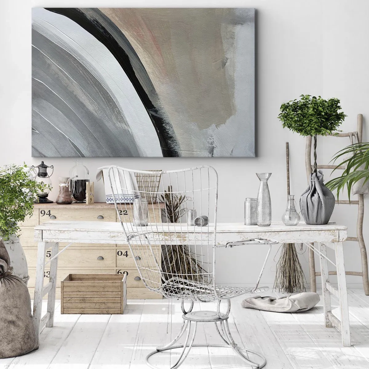 Canvastavla - Bild på duk - Abstrakt båge i nyanser av svart, grått och beige - 70x50cm - Komposition: en båge av svart och grått - Modern väggdekoration för vardagsrum och sovrum ARTTOR