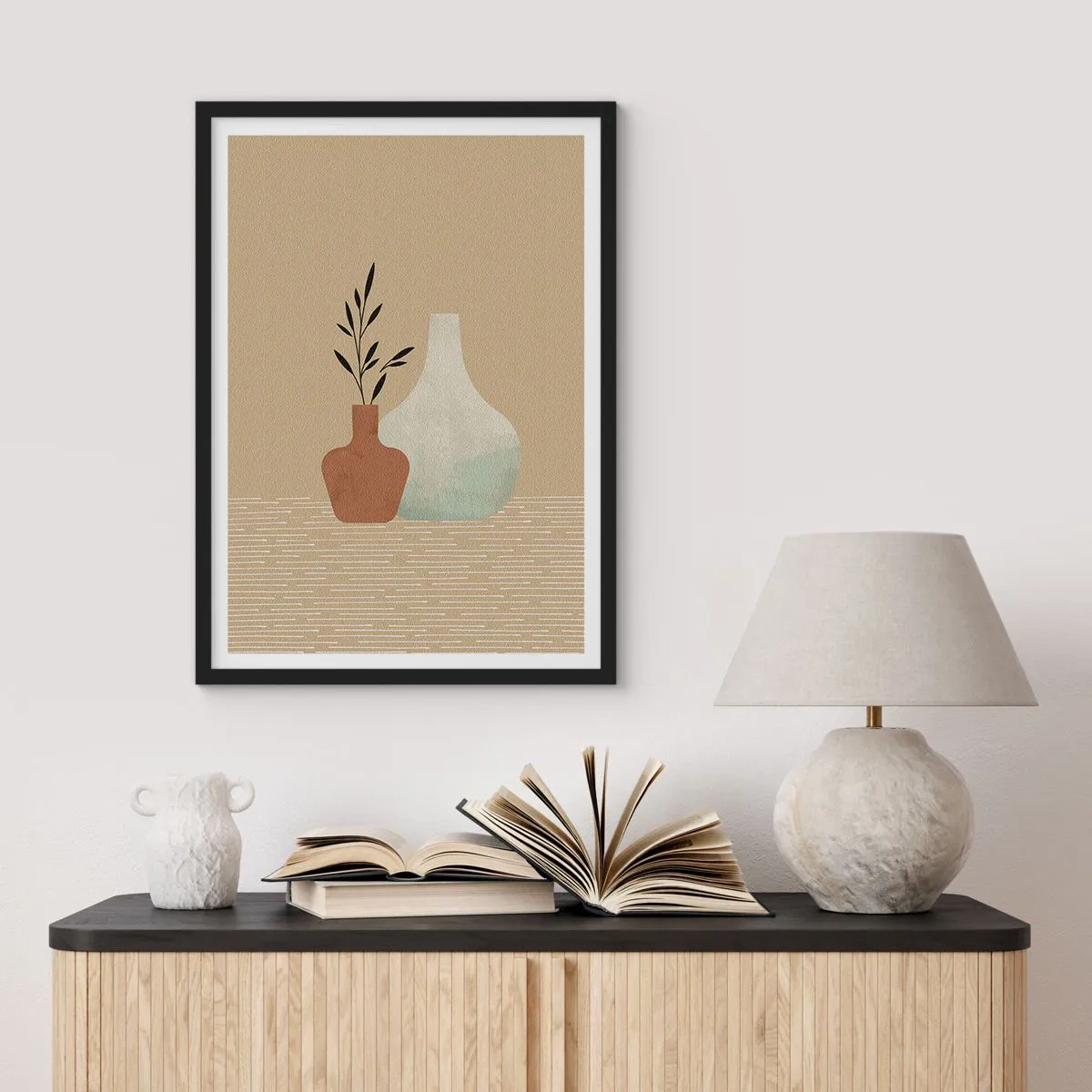 Affisch i svart ram - Illustration av keramiska vaser i dämpade färger - 50x70cm - Vas och dess idé - Modern väggdekoration för vardagsrum och sovrum ARTTOR