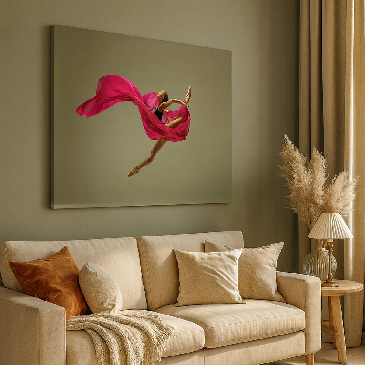Canvastavla - Bild på duk - Balettdansös i en dynamisk pose med rosa tyg - 70x50cm - Dansande låga - Modern väggdekoration för vardagsrum och sovrum ARTTOR