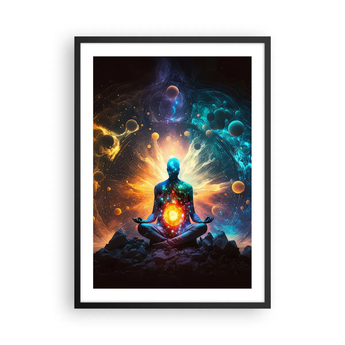 Affisch i svart ram - En mediterande figur i en kosmisk aura full av energi - 50x70cm - Kosmisk stillhet - Modern väggdekoration för vardagsrum och sovrum ARTTOR