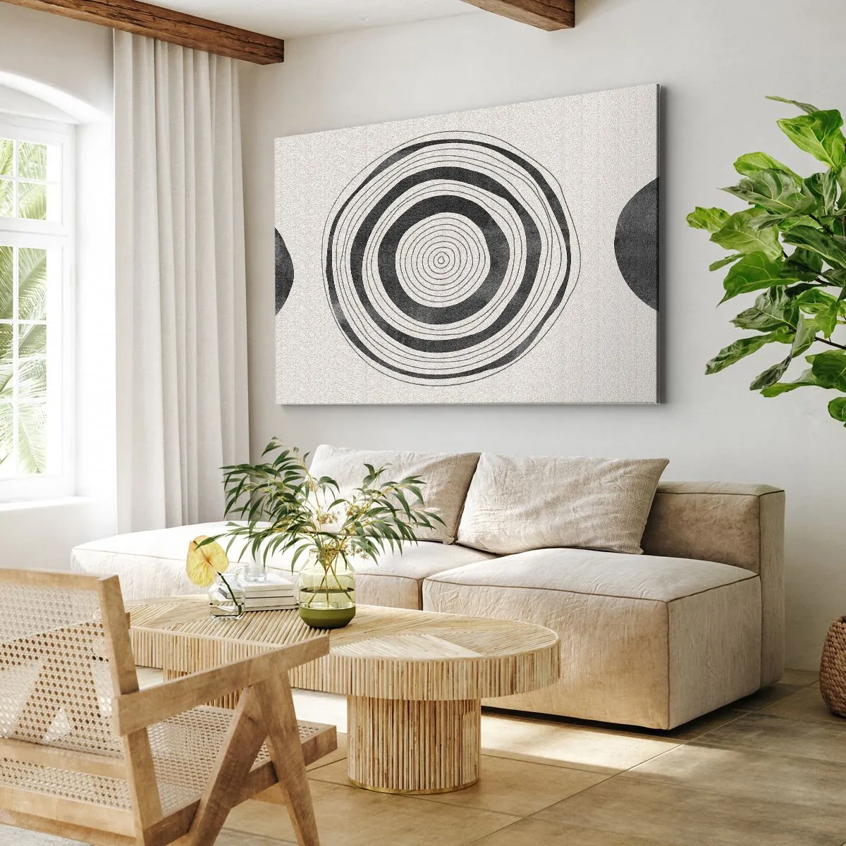 Canvastavla - Bild på duk - Minimalistiska svarta och vita cirklar mot en ljus bakgrund - 70x50cm - De viktiga sakerna däremellan - Modern väggdekoration för vardagsrum och sovrum ARTTOR