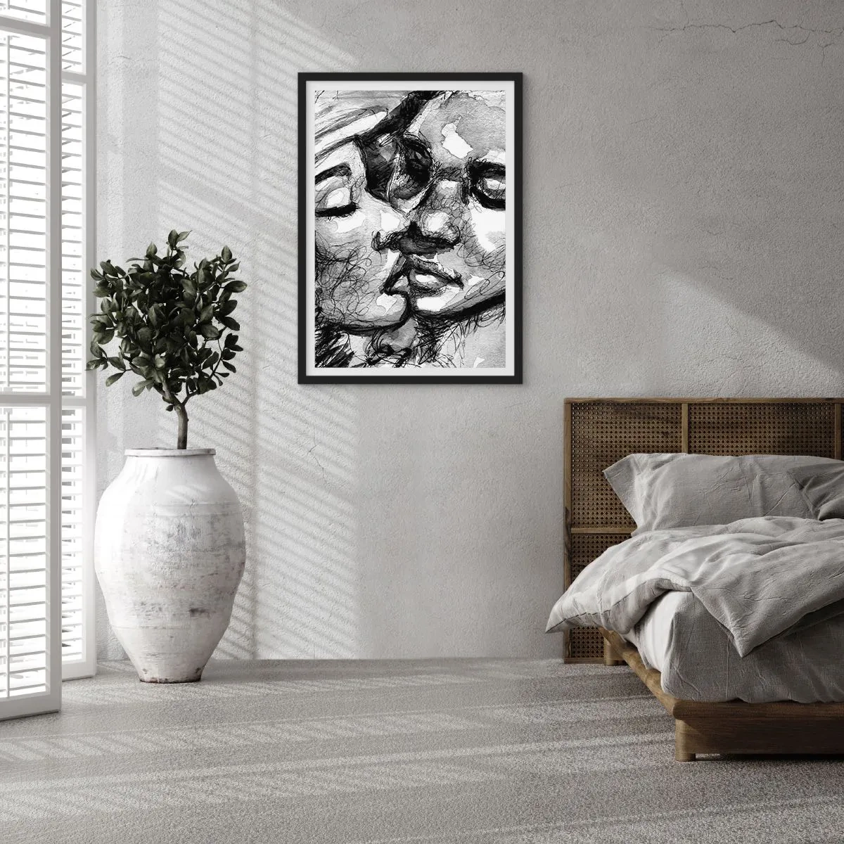 Affisch i svart ram - Abstrakt svartvitt porträtt av en kyss - 50x70cm - Ett ömt ögonblick - Modern väggdekoration för vardagsrum och sovrum ARTTOR