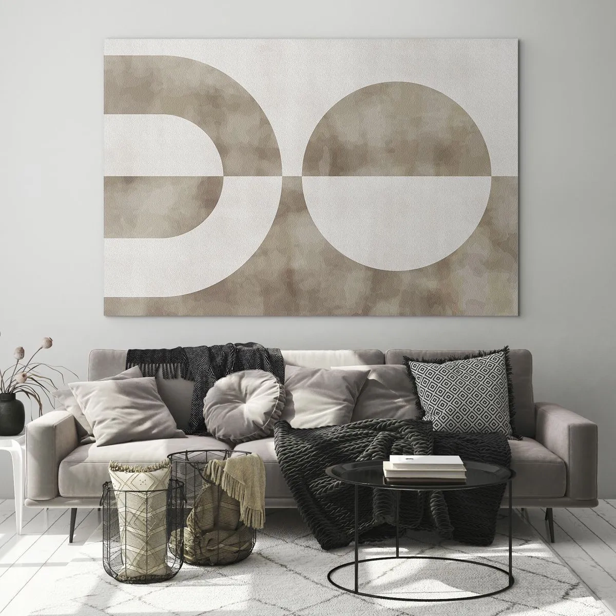 Glastavla - Bild på glas - Beige geometri med en halvcirkel och en cirkel på en horisontell bakgrund - 70x50cm - Likheter och skillnader - Modern väggdekoration för vardagsrum och sovrum ARTTOR