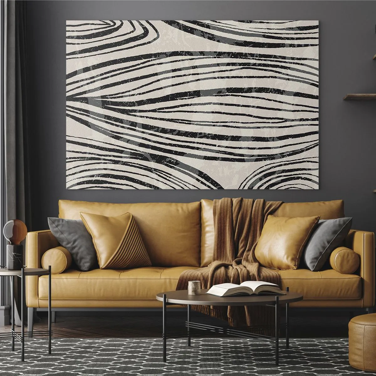 Glastavla - Bild på glas - Vågor av svarta linjer på en ljus bakgrund - 70x50cm - Stänk av linjer - Modern väggdekoration för vardagsrum och sovrum ARTTOR