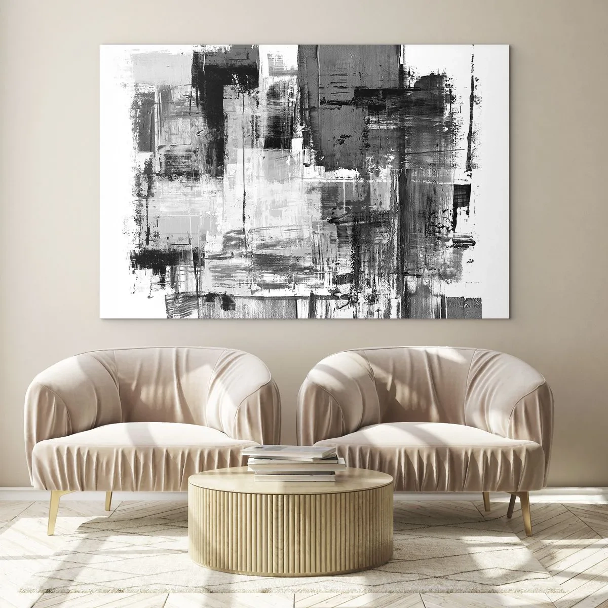 Glastavla - Bild på glas - Svartvit abstraktion med en geometrisk struktur - 70x50cm - Grått är vackert - Modern väggdekoration för vardagsrum och sovrum ARTTOR