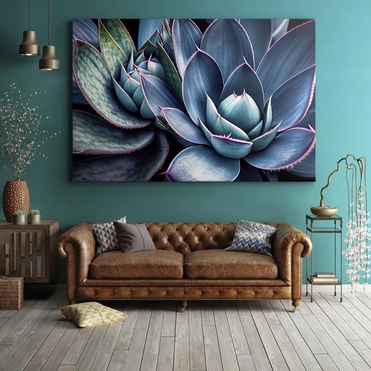 Canvastavla - Bild på duk - Agave i nyanser av blått och grönt med rosa accenter - 70x50cm - Vital kraft - Modern väggdekoration för vardagsrum och sovrum ARTTOR