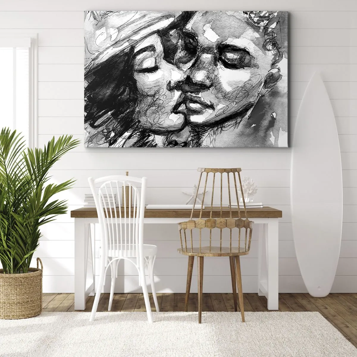 Canvastavla - Bild på duk - En svartvit akvarell som föreställer ett intimt ögonblick mellan två personer. - 70x50cm - Ett ömt ögonblick - Modern väggdekoration för vardagsrum och sovrum ARTTOR