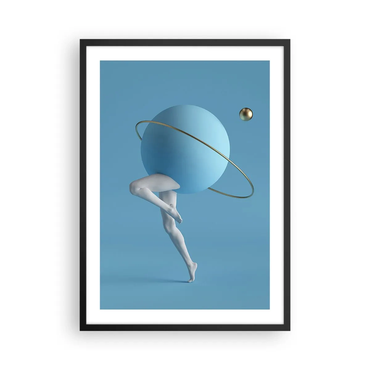 Affisch i svart ram - En figur med en planet som huvud i en surrealistisk komposition - 50x70cm - Och planeterna blir galna - Modern väggdekoration för vardagsrum och sovrum ARTTOR