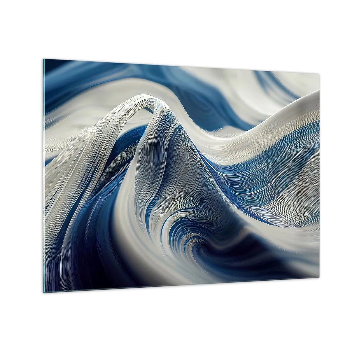 Glastavla - Bild på glas - Dynamisk abstraktion i nyanser av blått och vitt - 70x50cm - Flöde av blått och vitt - Modern väggdekoration för vardagsrum och sovrum ARTTOR