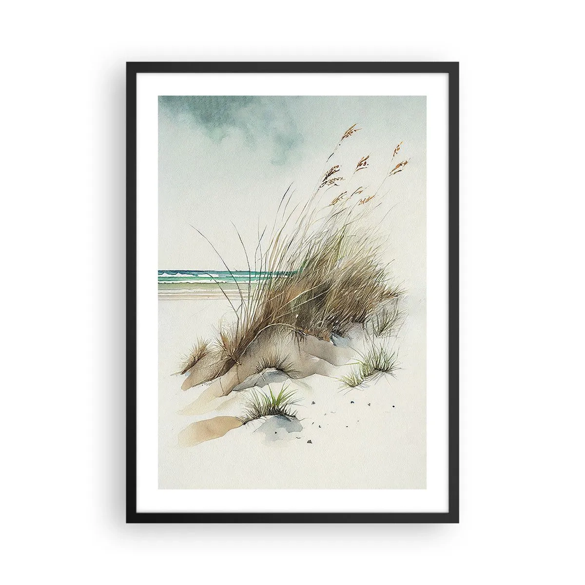 Affisch i svart ram - Akvarellstil sanddyner med gräs vid ett lugnt hav - 50x70cm - Inlindad i sand - Modern väggdekoration för vardagsrum och sovrum ARTTOR