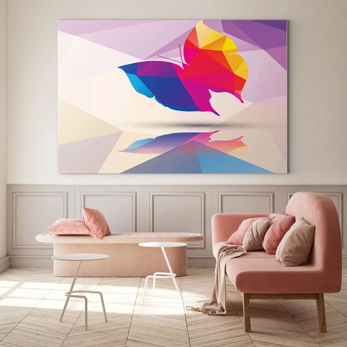Glastavla - Bild på glas - Geometrisk fjäril i ljus färgglad abstraktion - 70x50cm - Fjärilregnbåge - Modern väggdekoration för vardagsrum och sovrum ARTTOR
