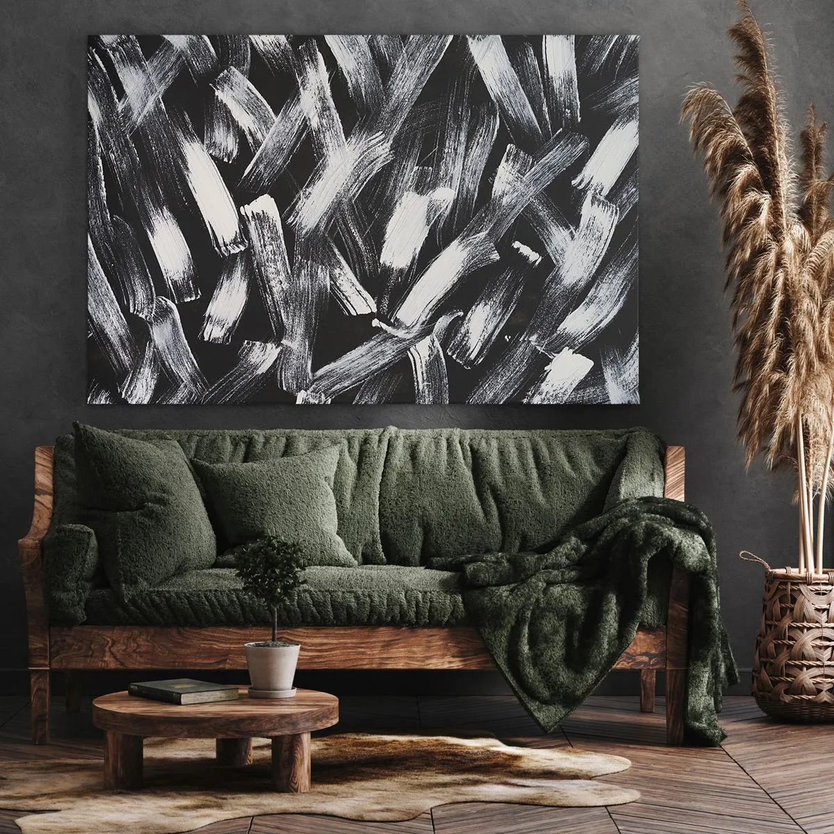 Canvastavla - Bild på duk - Dynamisk abstraktion med vita penseldrag mot svart bakgrund. - 70x50cm - Abstraktion i industriell anda - Modern väggdekoration för vardagsrum och sovrum ARTTOR