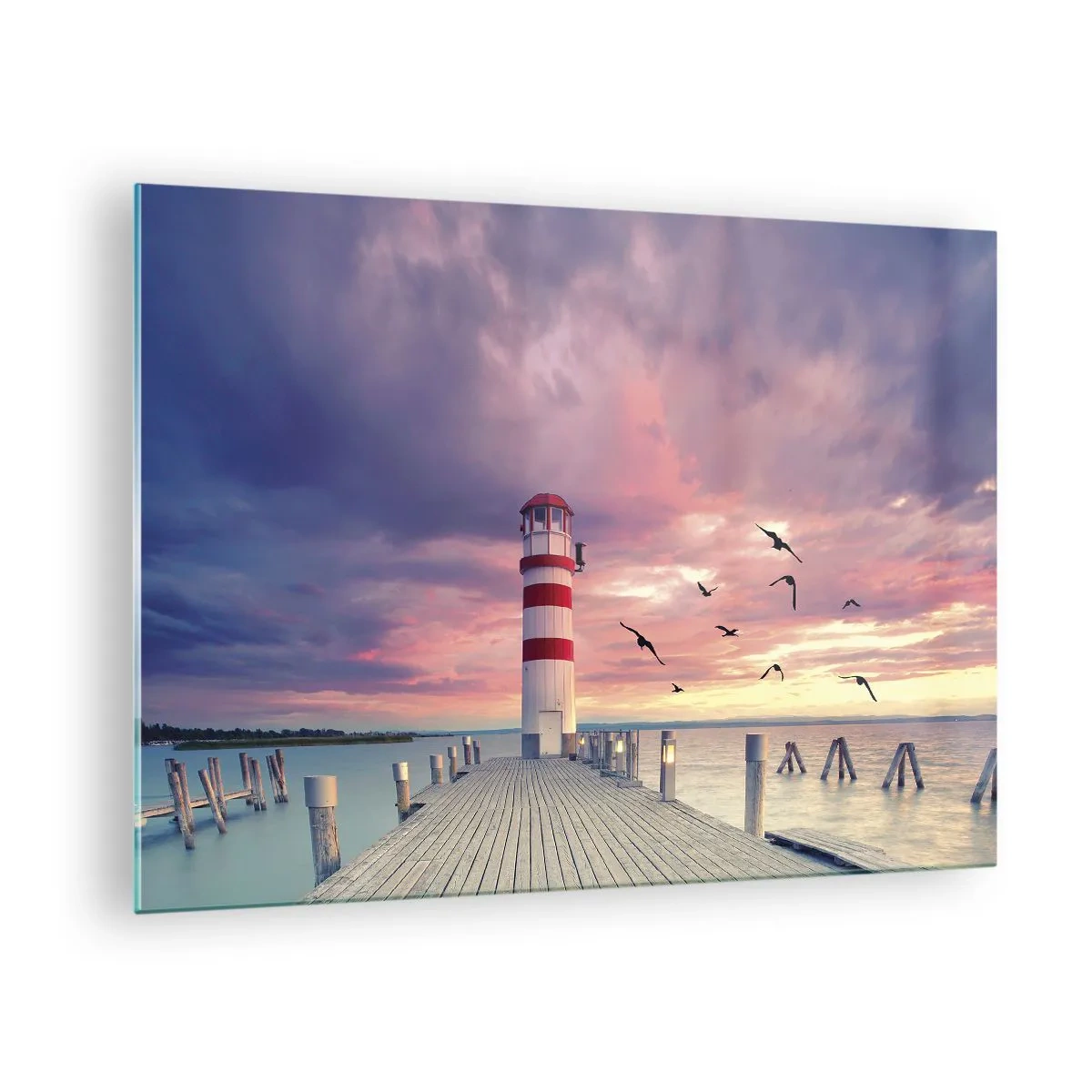 Glastavla - Bild på glas - Fyr på piren vid solnedgången med flygande fåglar - 70x50cm - Dags att bege sig till hamnen - Modern väggdekoration för vardagsrum och sovrum ARTTOR