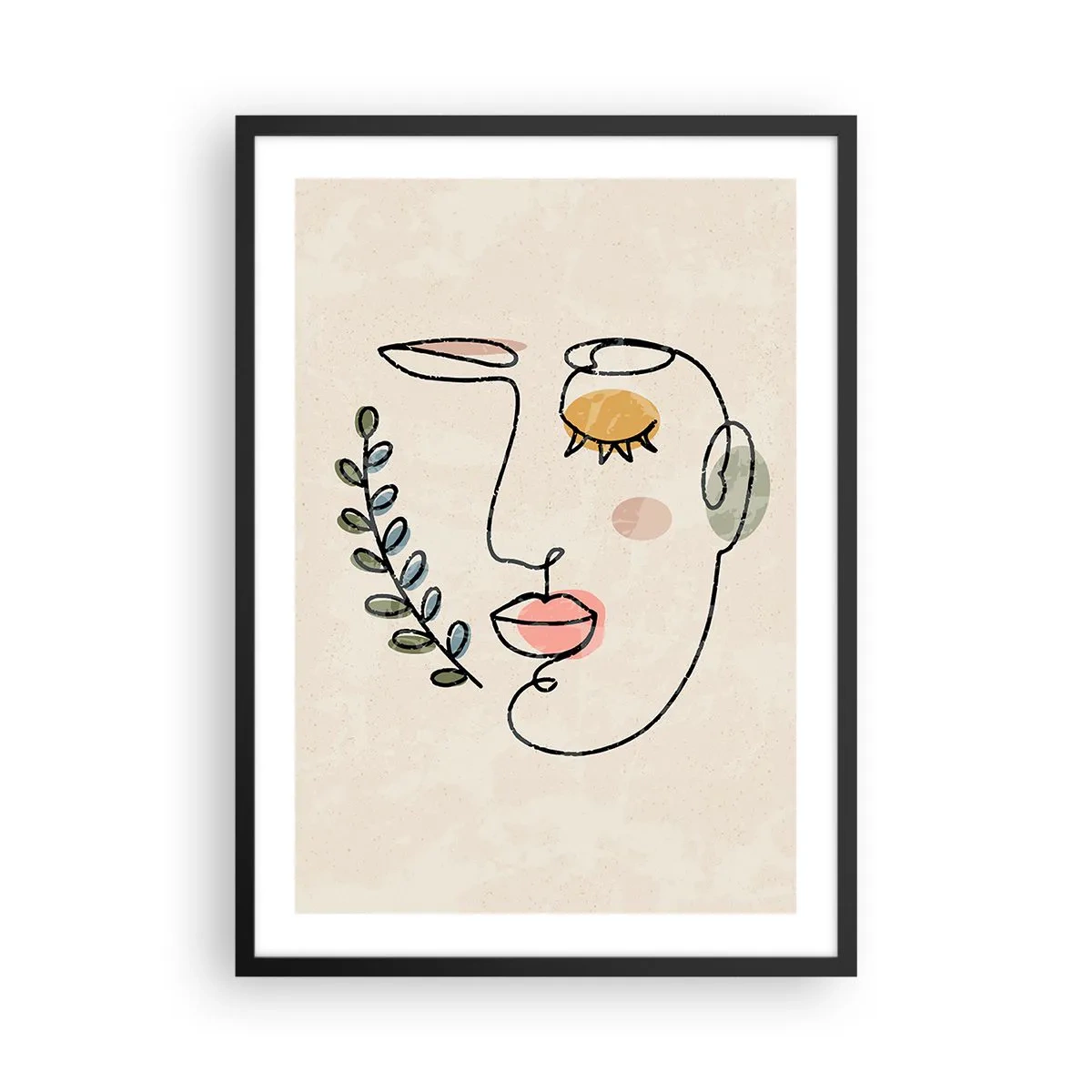 Affisch i svart ram - Minimalistiskt linjeporträtt av en kvinna mot beige bakgrund - 50x70cm - Återfunnet lugn - Modern väggdekoration för vardagsrum och sovrum ARTTOR