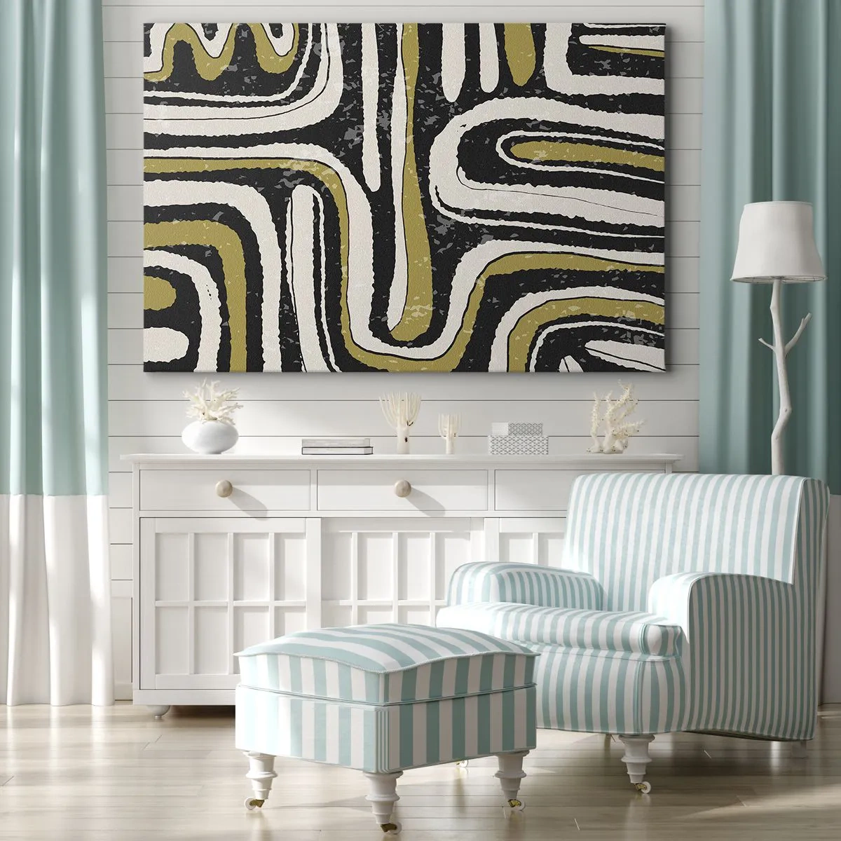 Canvastavla - Bild på duk - Abstrakt mönster i svart, vitt och guld - 70x50cm - Komposition: stråk och gränder - Modern väggdekoration för vardagsrum och sovrum ARTTOR