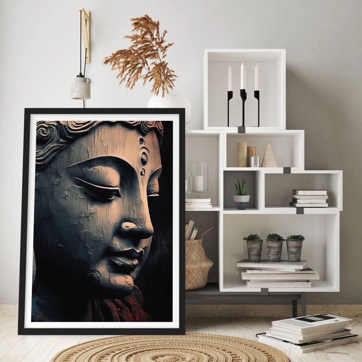 Affisch i svart ram - Närbild av en Buddha-skulptur i varmt ljus - 50x70cm - I samklang med världen - Modern väggdekoration för vardagsrum och sovrum ARTTOR