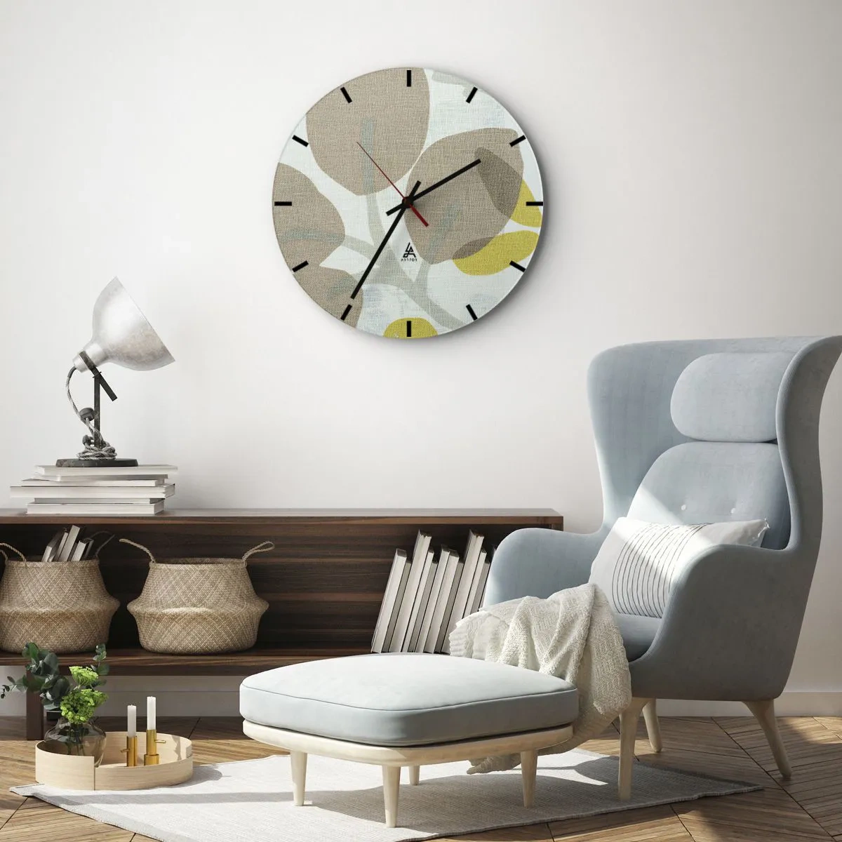 Väggklocka - Klocka på glas - Pastellfärgade blad och gula accenter på en linnestrukturerad bakgrund - 30x30cm - Komposition i solskenet - Modern väggdekoration för vardagsrum, kök och sovrum ARTTOR