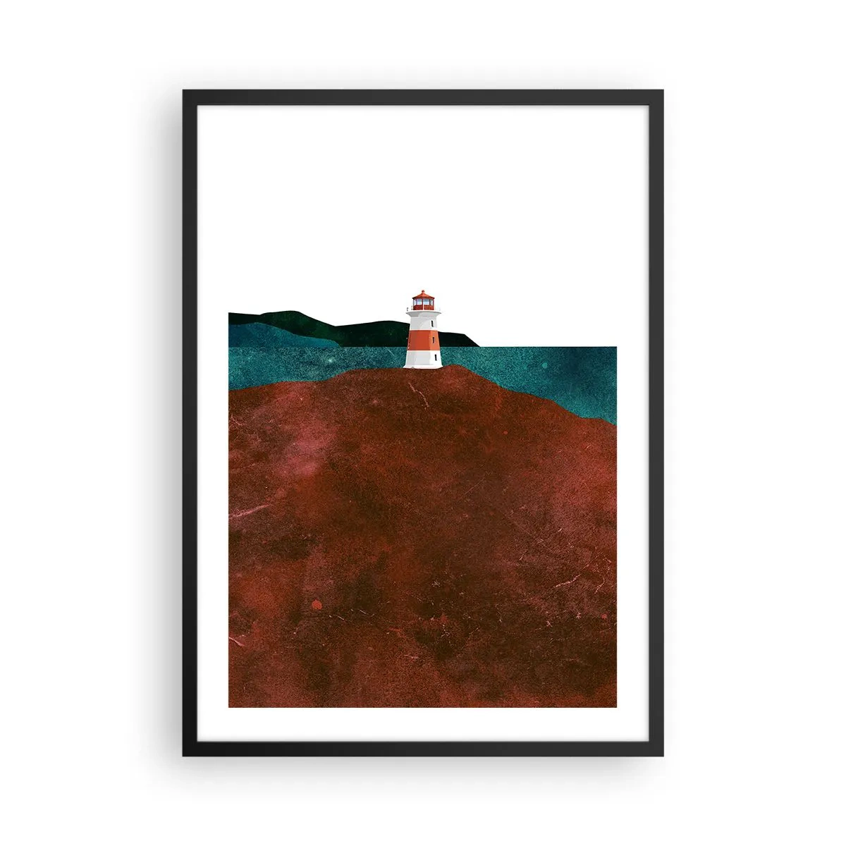 Affisch i svart ram - Ett minimalistiskt landskap med en fyr på en kulle - 50x70cm - Med blicken riktad mot havet - Modern väggdekoration för vardagsrum och sovrum ARTTOR