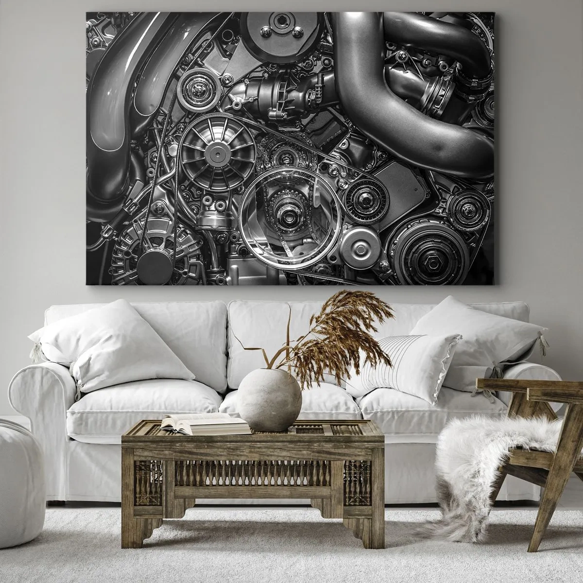 Canvastavla - Bild på duk - Svartvit närbild av de mekaniska detaljerna i en bilmotor. - 70x50cm - Mekanikens poesi - Modern väggdekoration för vardagsrum och sovrum ARTTOR