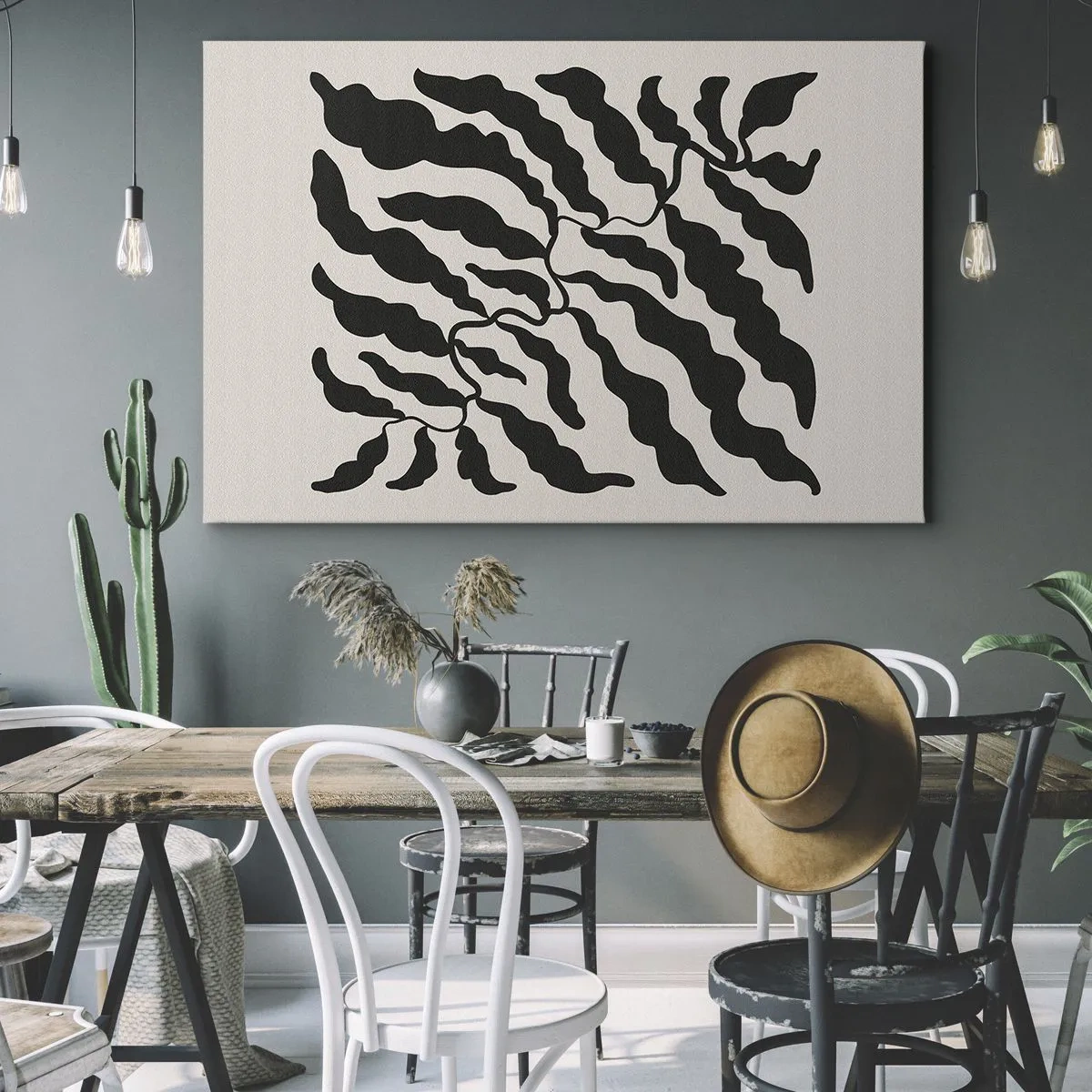 Canvastavla - Bild på duk - Kvistar med löv i svart mot en ljus bakgrund - 70x50cm - Kvadratens natur - Modern väggdekoration för vardagsrum och sovrum ARTTOR