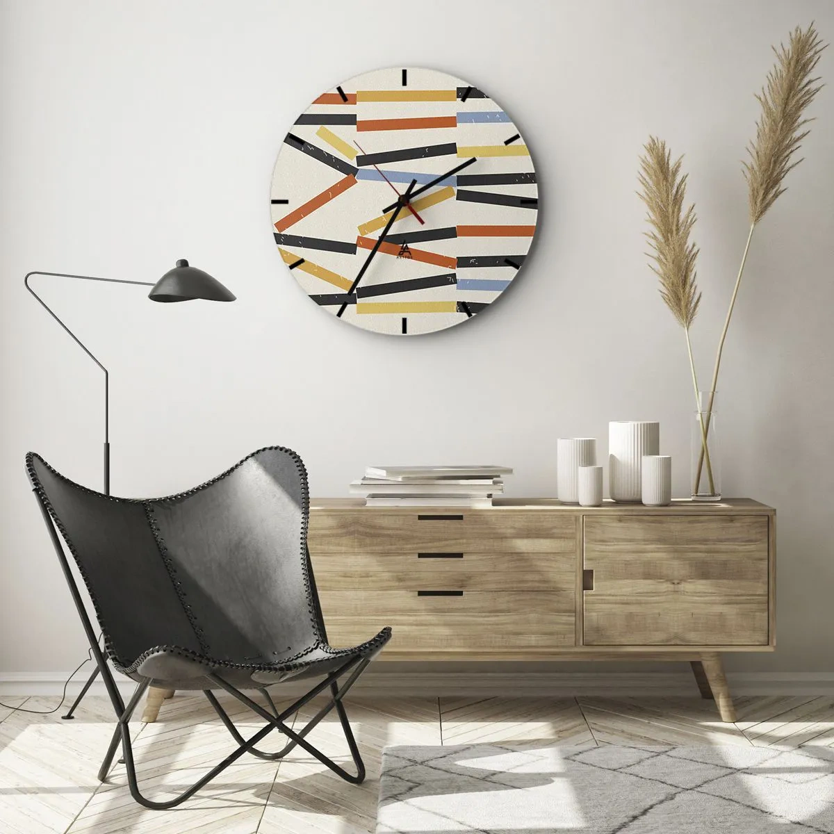 Väggklocka - Klocka på glas - Färgade och svarta rektanglar arrangerade horisontellt på en ljus bakgrund - 30x30cm - Horisontell komposition - Modern väggdekoration för vardagsrum, kök och sovrum ARTTOR