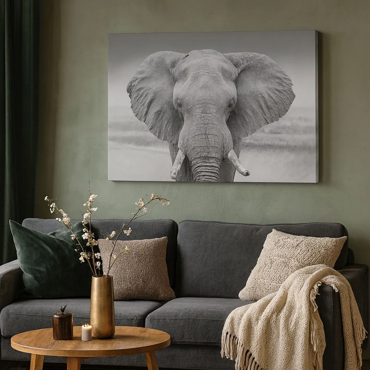 Canvastavla - Bild på duk - Porträtt av en elefant i svartvitt - 70x50cm - Välkommen till min värld - Modern väggdekoration för vardagsrum och sovrum ARTTOR