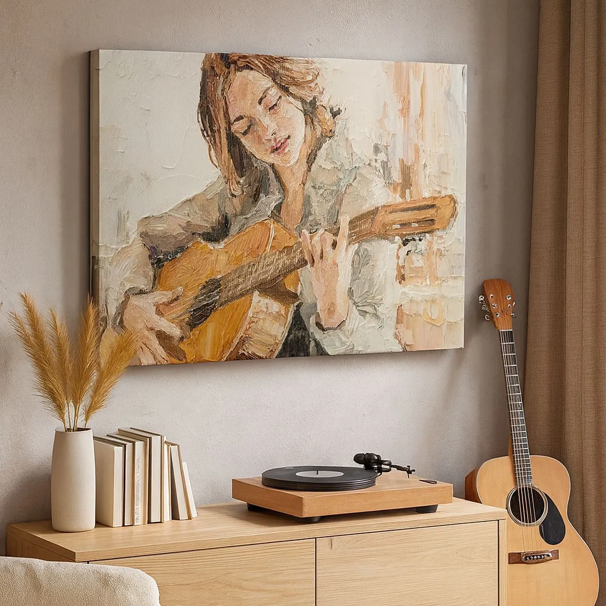 Canvastavla - Bild på duk - Porträtt av en flicka som spelar gitarr i målerisk stil med varma färger. - 70x50cm - Konsert för gitarr och en flickas hjärta - Modern väggdekoration för vardagsrum och sovrum ARTTOR