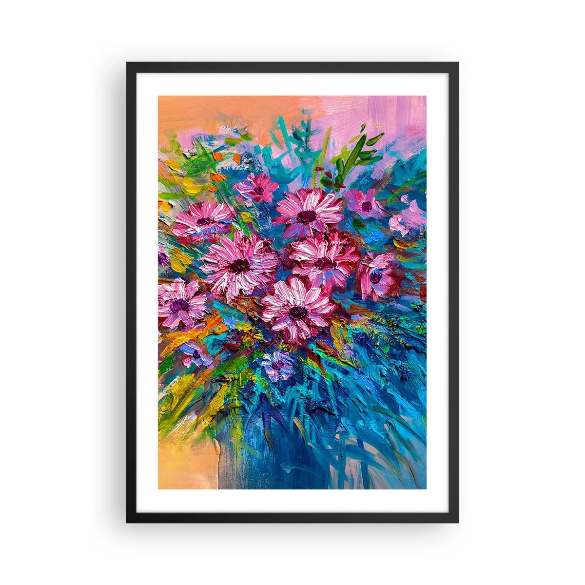 Affisch i svart ram - En bukett intensivt färgade blommor på en abstrakt bakgrund - 50x70cm - Livets energi - Modern väggdekoration för vardagsrum och sovrum ARTTOR