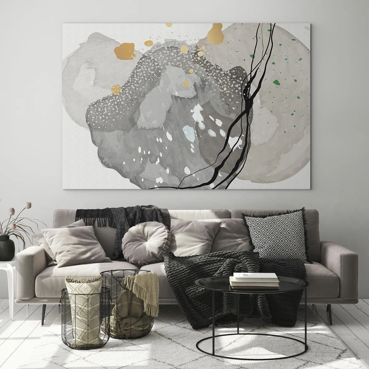 Glastavla - Bild på glas - Organiska former och prickar i dämpade färger med detaljer - 70x50cm - Organisk komposition - Modern väggdekoration för vardagsrum och sovrum ARTTOR