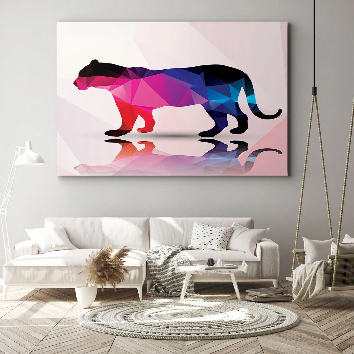 Canvastavla - Bild på duk - Geometrisk pantersilhuett i nyanser av rosa och blått - 70x50cm - Diamantpanter - Modern väggdekoration för vardagsrum och sovrum ARTTOR