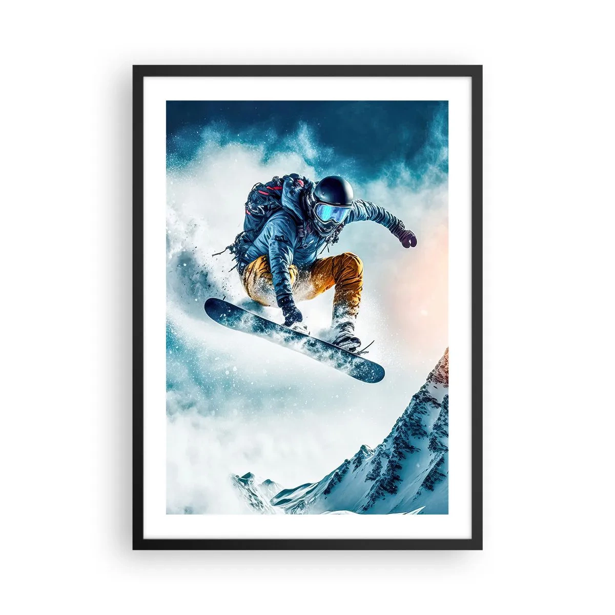 Affisch i svart ram - En snowboardåkare flyger över en snötäckt bergstopp - 50x70cm - Extrema känslor - Modern väggdekoration för vardagsrum och sovrum ARTTOR