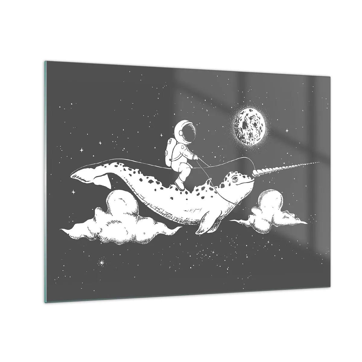 Glastavla - Bild på glas - Astronaut som rider på en narval i rymden - 70x50cm - Rymdryttare - Modern väggdekoration för vardagsrum och sovrum ARTTOR