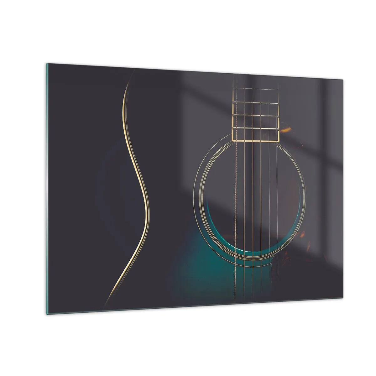 Glastavla - Bild på glas - Närbild av en svart akustisk gitarr med strängdetaljer - 70x50cm - Ett ögonblick innan det ljuder - Modern väggdekoration för vardagsrum och sovrum ARTTOR