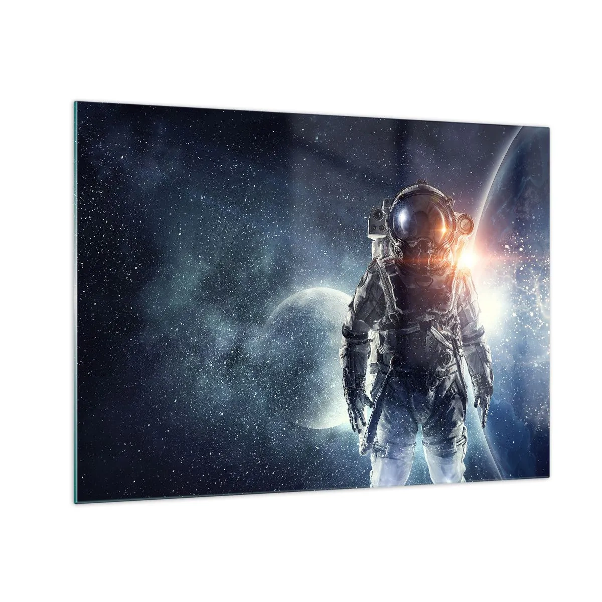 Glastavla - Bild på glas - Astronaut mot bakgrund av planeter och stjärnor - 70x50cm - Äventyr i rymden - Modern väggdekoration för vardagsrum och sovrum ARTTOR