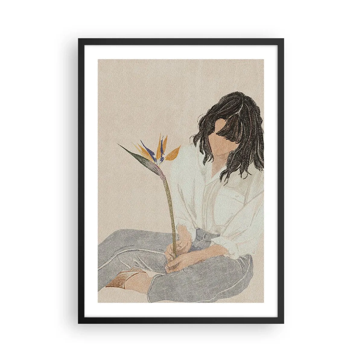 Affisch i svart ram - Porträtt av en kvinna som håller en exotisk blomma, med en delikat färgklick - 50x70cm - Porträtt med en exotisk blomma - Modern väggdekoration för vardagsrum och sovrum ARTTOR