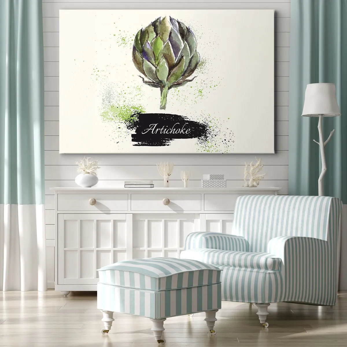 Canvastavla - Bild på duk - Akvarell kronärtskocka med text på en ljus bakgrund med gröna accenter - 70x50cm - Eviva grönsaker! - Modern väggdekoration för vardagsrum och sovrum ARTTOR