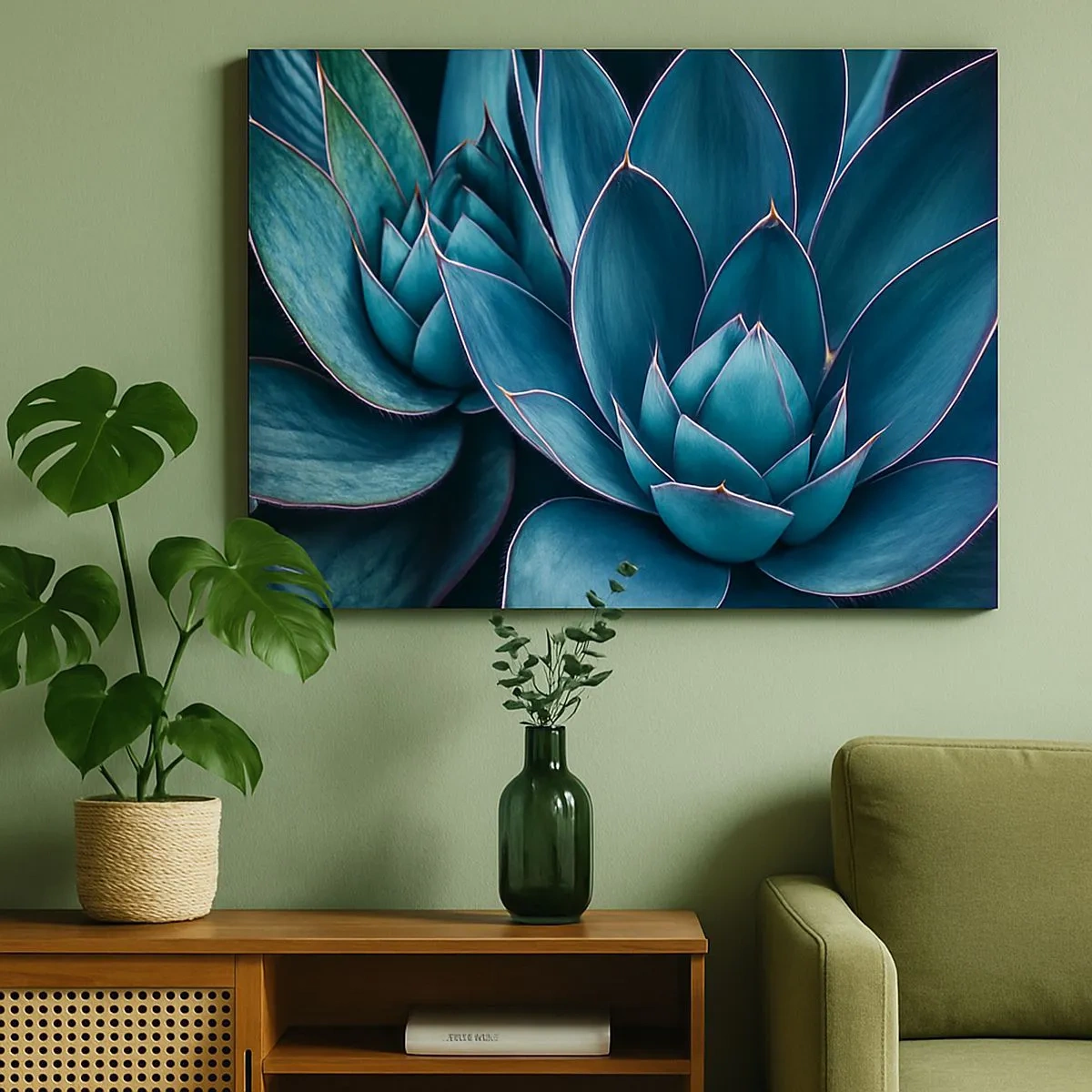 Canvastavla - Bild på duk - Agave i nyanser av blått och grönt med rosa accenter - 70x50cm - Vital kraft - Modern väggdekoration för vardagsrum och sovrum ARTTOR
