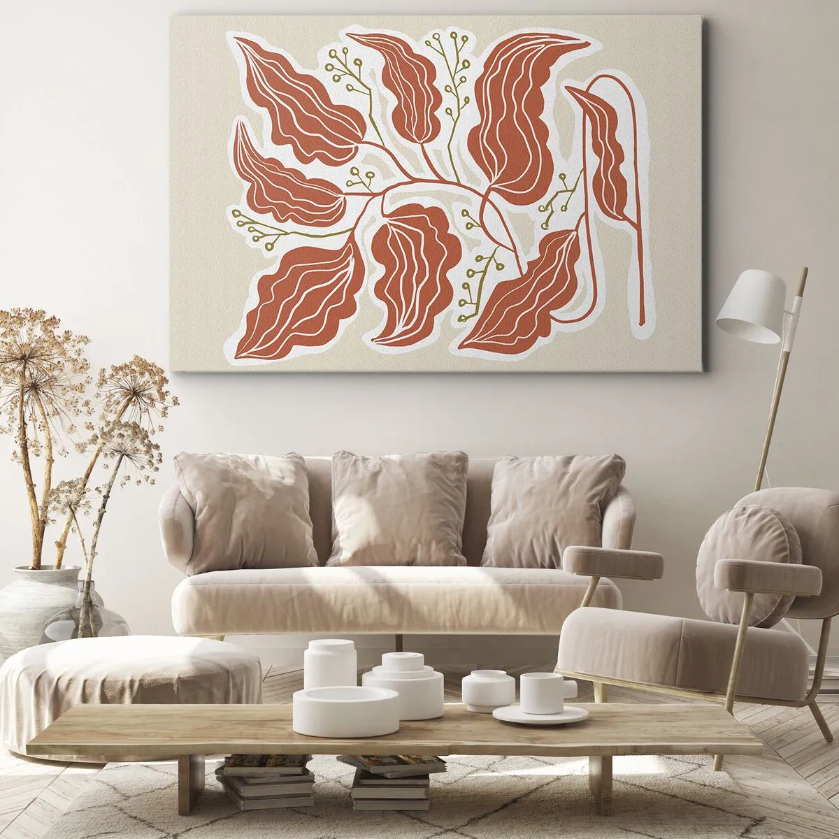 Canvastavla - Bild på duk - Ett minimalistiskt lövmotiv i nyanser av orange och grönt. - 70x50cm - Folkligt och naturligt - Modern väggdekoration för vardagsrum och sovrum ARTTOR