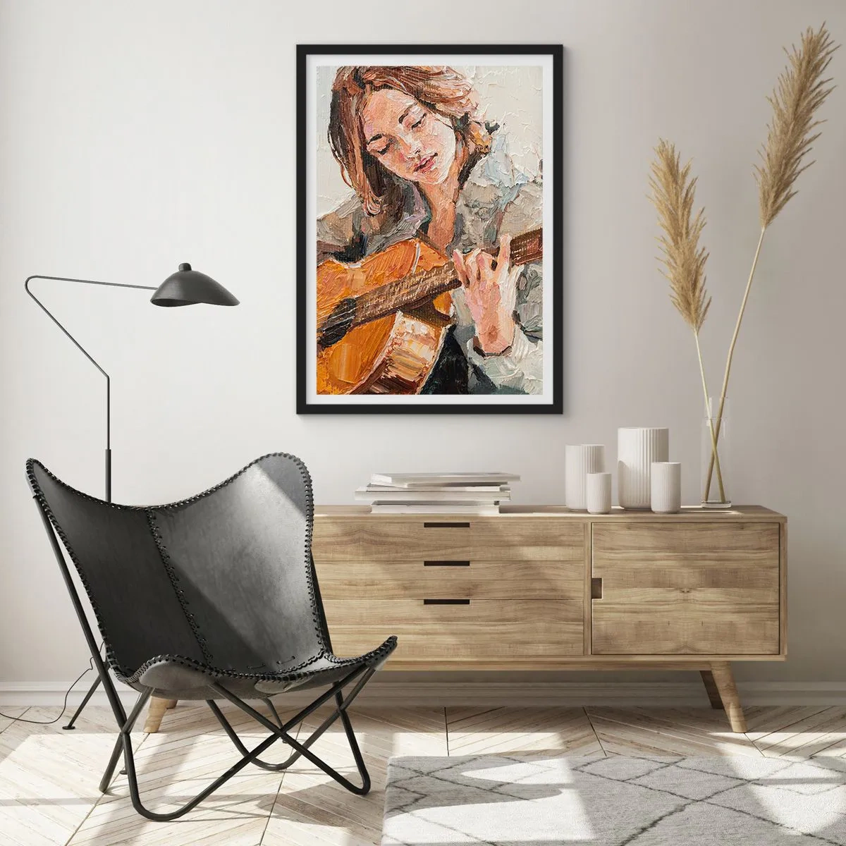 Affisch i svart ram - Porträtt av en kvinna som spelar gitarr i impasto-stil - 50x70cm - Konsert för gitarr och en flickas hjärta - Modern väggdekoration för vardagsrum och sovrum ARTTOR