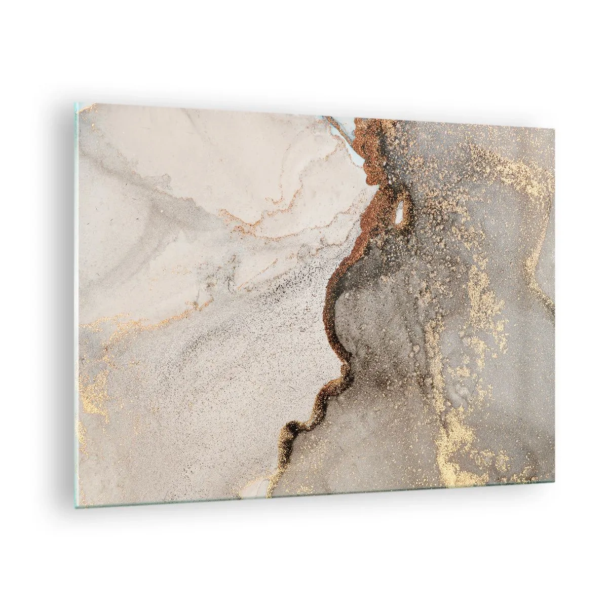 Glastavla - Bild på glas - Abstrakt komposition med beige, guld och grafit - 70x50cm - På färgernas gräns - Modern väggdekoration för vardagsrum och sovrum ARTTOR
