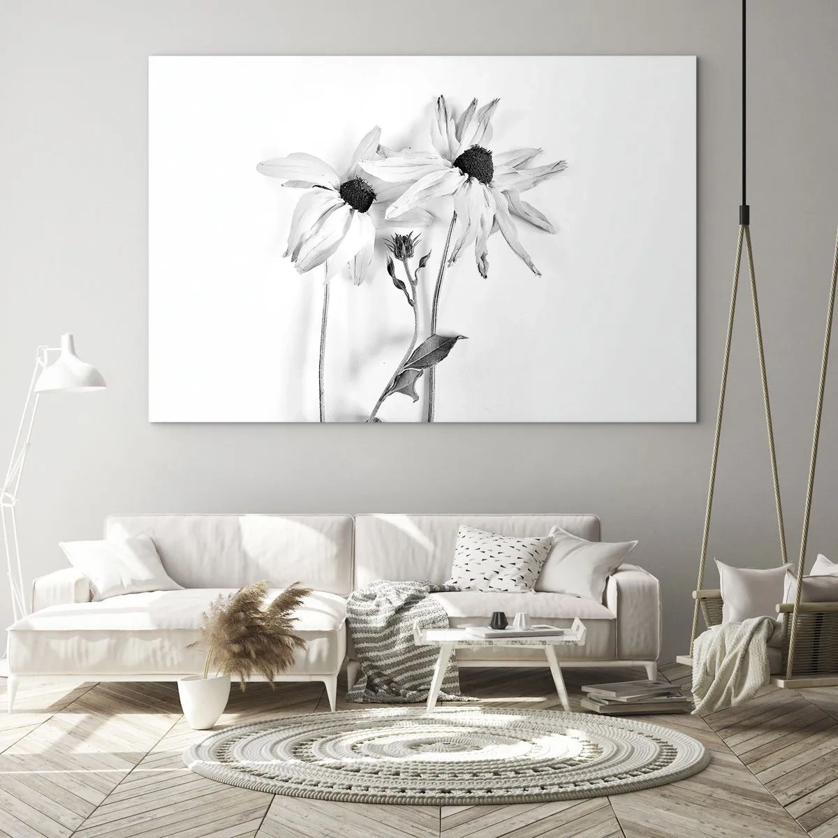 Glastavla - Bild på glas - Svartvita blommor i minimalistisk stil - 70x50cm - Ingen vill vara ensam - Modern väggdekoration för vardagsrum och sovrum ARTTOR