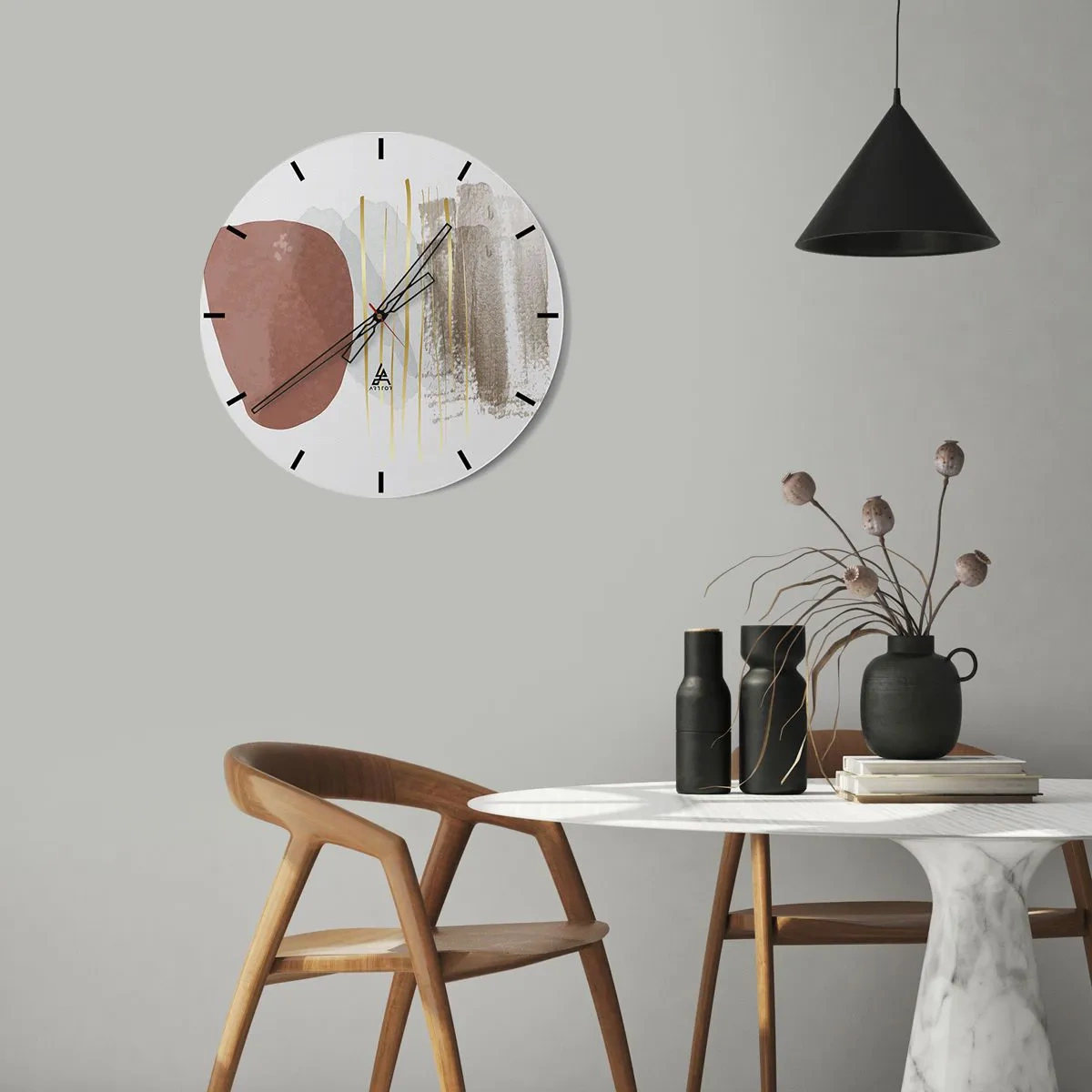 Väggklocka - Klocka på glas - Minimalistiska abstrakta former i beige och bruna nyanser - 30x30cm - Abstrakt pelargång - Modern väggdekoration för vardagsrum, kök och sovrum ARTTOR